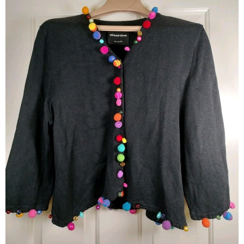 Michael Simon Black Cardigan Size XL Beaded Crochet Pom Pom 1999 Vintage